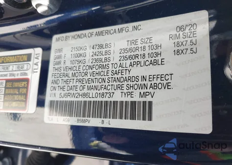 2020 Honda Cr-V Awd Ex-L из США, поврежденный, VIN 5J6RW2H86LL018737